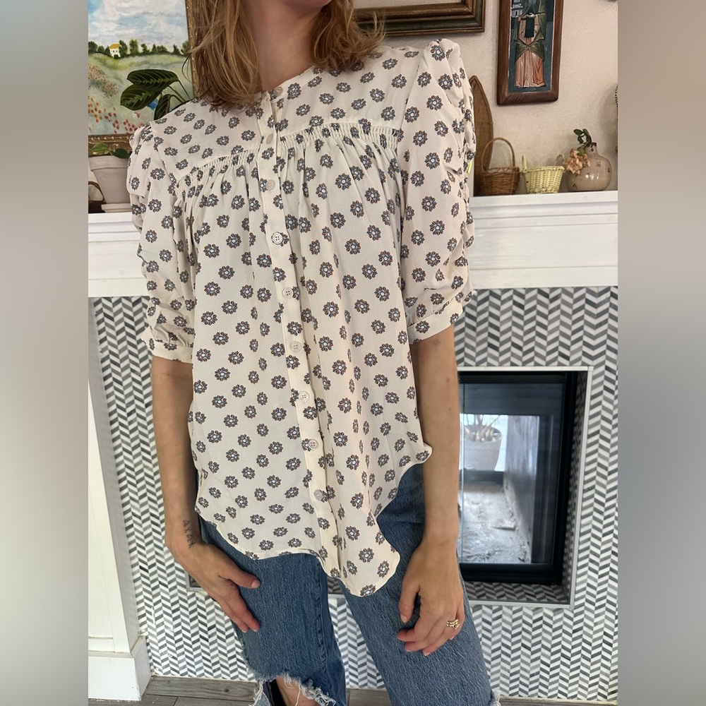 bishop + young Ivory Top with Blue Floral Design